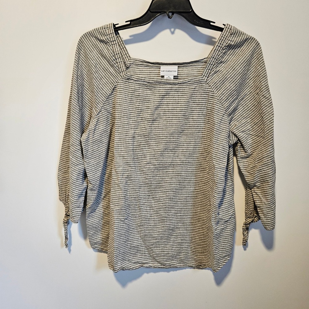 Square Neck Striped Top XL Grey White  Linen Cotton Shirt Lightweight Coastal